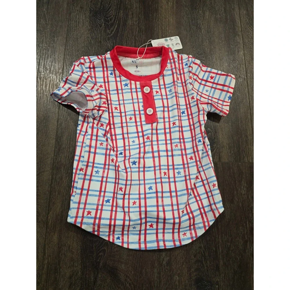 Pete + Lucy Kids Americana Stars Plaid Henley Shirt Red White Blue Size 5 NWT